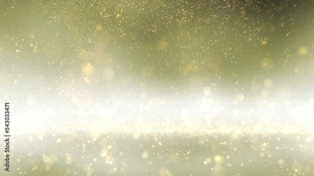 Poster looped gold colored glitter shimmering bokeh particles falling down on bright shining empty copy spa