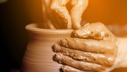 Potter hands at work with ceramic in studio