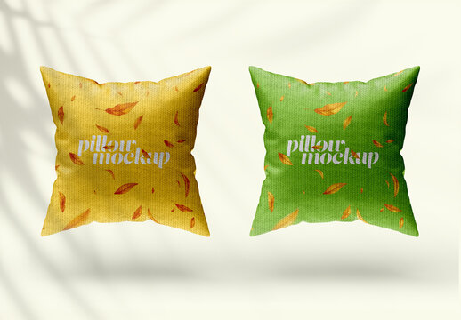Pillow Mockup Set &ndash; Front View of Square Soft Cushions with Leaf Patterns on Neutral Background for Textile and Home Decor Presentation