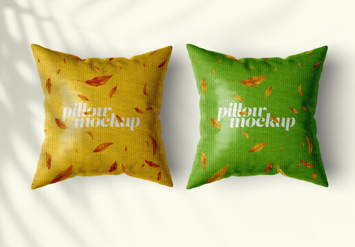 Square Pillow Mockup &ndash; Dual Fabric Cushions on Light Surface &ndash; Ideal for Interior Design, Home Textile Branding, and Living Room Decoration Concepts