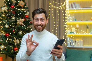 Festive online shopping. A young man holds a phone in his hands, makes online purchases, buys gifts...