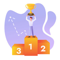 The concept of the vector of achieving a business goal, flat style, a happy successful businessman holding a gold cup award in his hands, stands in first place on the pedestal. Vector of victory