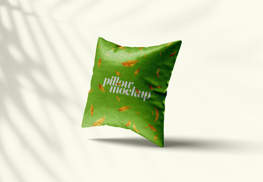 Square Pillow Mockup &ndash; Floating Soft Cushion Design on Light Background for Home Decor, Living Room Styling, and Cozy Interior Branding Projects