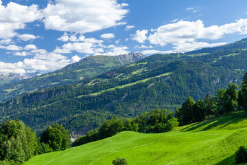 Fototapeta na wymiar Panoramic view of green alpine meadows and mountains