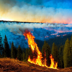 Large wildfire, a forest fire in the distance with a mountain in the background.