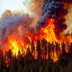 Large fire is raging through a forest. Public health emergencies, air pollution, Climate change, environmental disaster.