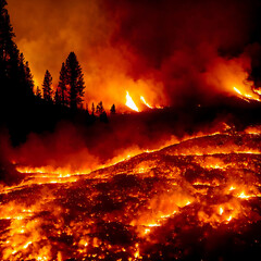 A wall of fire with ember, sparks. line of fire, forest fire, bushfire in the valley. 