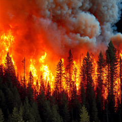 A forest fire is seen in the distance. Wildfire spread, Fire burning in the forest, devastating...