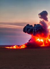 A large plume of smoke rising from the ground.  Natural disaster, climat emergency, destroying the...