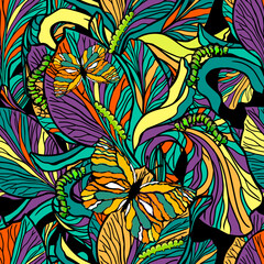 Seamless pattern multicolored irises with butterflies. Vector illustration