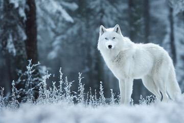 weißer Wolf im Winterwald 02 - obrazy, fototapety, plakaty