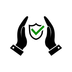 Protection hand icon in flat style. Abstract security sign Human hands with a tick inside shield symbol Mark approved icon. Guard shield icon with tick Vector illustration for graphic design, Web, app