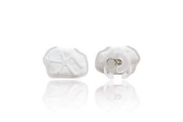 Front and back of new white woven filters , fuel strainer of car fuel pump , object isolated with...
