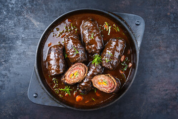 Traditional slow cooked German wagyu beef roulades with vegetable and bacon served in spicy gravy...