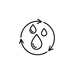 Water drop icon. Recycle water icon. Water drop with 2 sync arrows. Single black round liquid recycle icon. Planet bio protection circle flat design. Isolated on white background