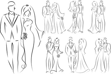 Sketch bride and groom wedding set for invitation cards, including template design decorative elements