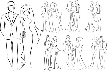 Sketch bride and groom wedding set for invitation cards, including template design decorative elements