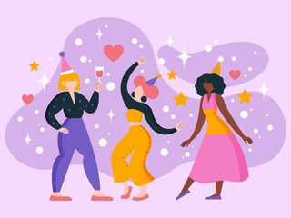 Fototapeta na wymiar Vector, flat style. Girls dancing, party, party, dancing, music. Feminism. Latin Americans and Africans. Gifts, fireworks.