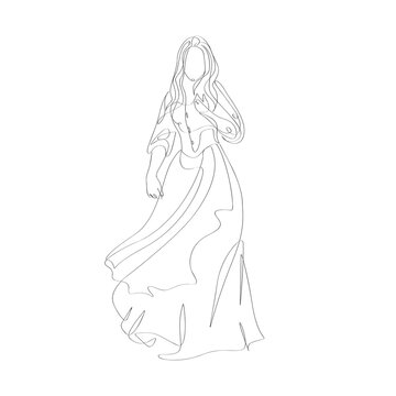 Long dress gown with woman stole continues line doodle drawing illustration