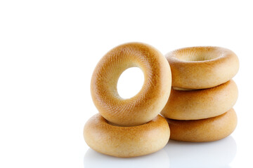 Baranki (bagels) for tea - a bread product in the form of a ring, isolated on a white background. Isolated on white background close-up
