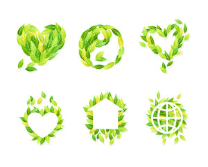 Symbols made of green leaves set. Heart, yin yang, globe, house signs vector illustration