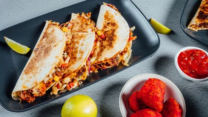 Fresh hot Mexican tacos with cheese, corns, and meat on a plate served with a lemon