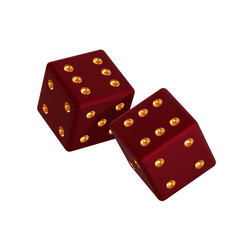 Two randomly rotated dark red dice with gold embossed dots. Isolated on transparent background. 3d render
