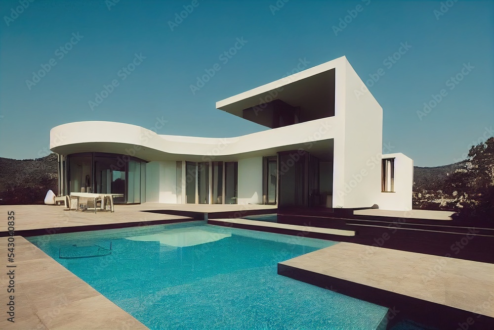 Poster a modern house with a pool in front of it and a patio area with chairs and a table on the side. gene