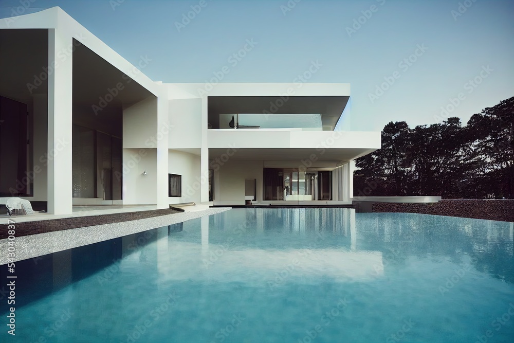 Poster a large swimming pool with a lounge chair next to it and a house in the background with trees in the