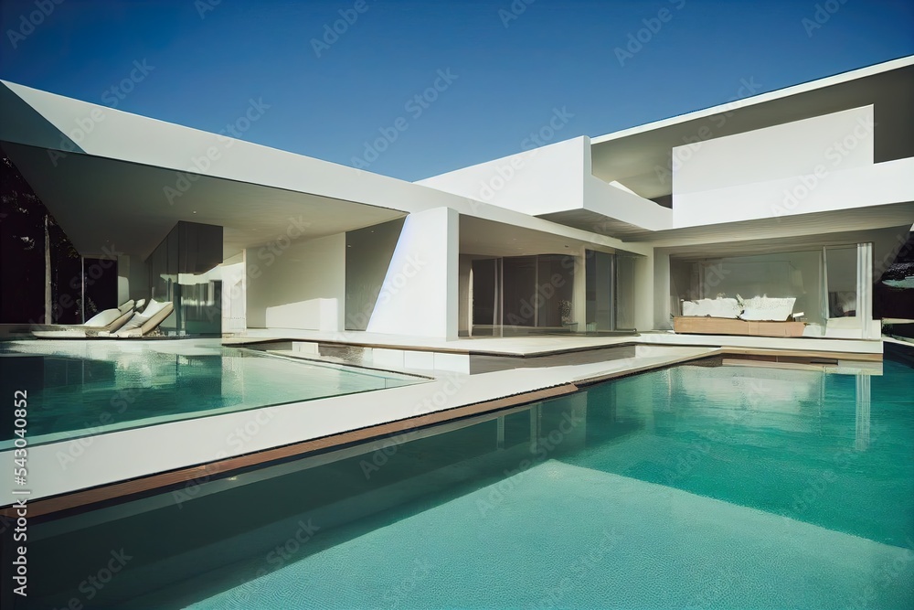 Poster a pool with a lounge chair and a couch in the background and a sky background with no clouds in the 