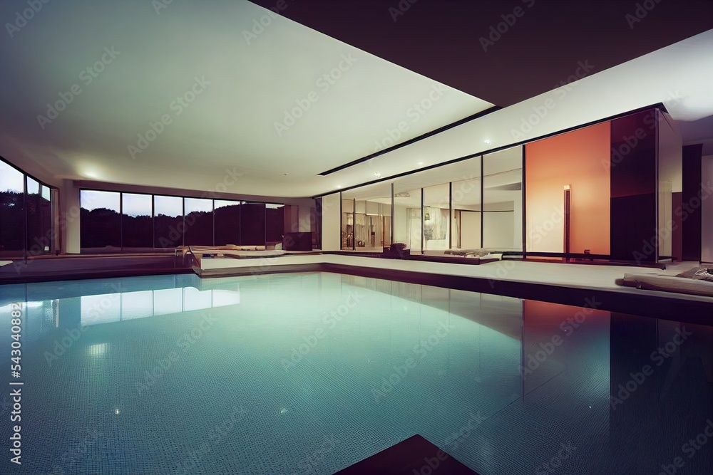 Poster a large swimming pool with a lounge area and a large windowed area in the back of the pool. generati