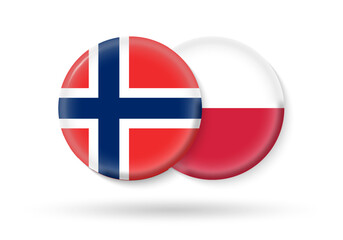 Norway and Poland circle flags. 3d icon. Round Polish and Norwegian national symbols. Vector illustration.