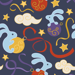 New Year seamless pattern with funny rabbits, ribbons and stars. Happy Rabbit Year!