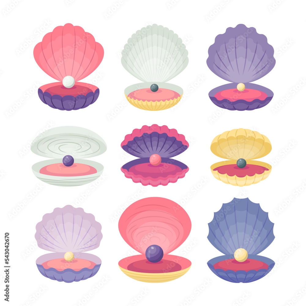 Poster cartoon color different pearls seashell open view icons set flat design style. vector illustration o
