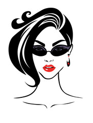 Fashion beautiful woman face in stylish sunglasses, red lips. Beautiful illustration of elegant woman in sunglasses. woman face illustration