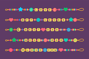 Cartoon Color Different Plastic Beads Bracelets Set Handmade and Friendship Concept Flat Design Style. Vector illustration