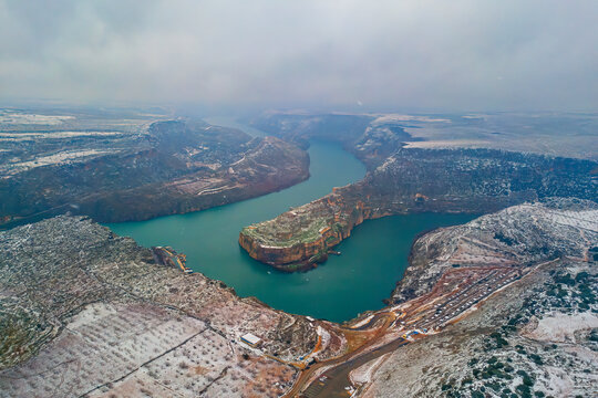 aerial view of rumkale on a snowy winter day