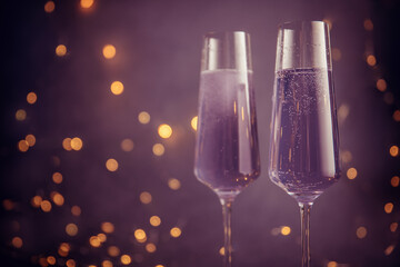 Happy New Year. Christmas and New Year holidays background with copy space. two glasses of, lilac, purple, very peri, rose champagne