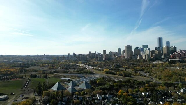 Edmonton river valley in all its glory from the air, revealing downtown