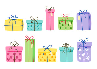 Christmas gift boxes. Colored Gift Boxes with Ribbon.  Vector illustration