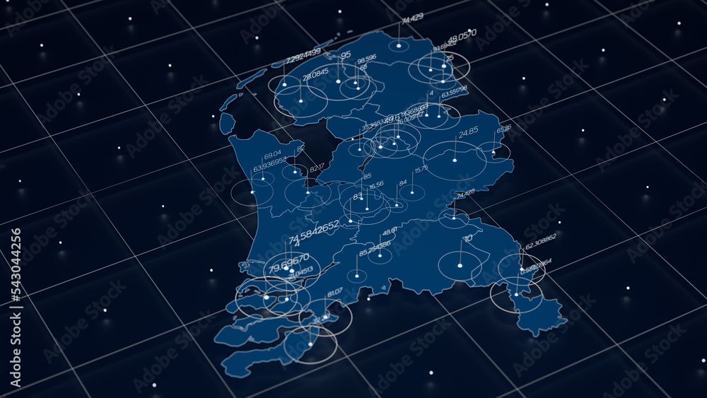 Poster netherlands blue map big data visualization. futuristic map infographic. information aesthetics. vis
