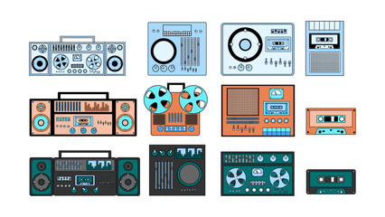 Set of bleautiful old retro vintage hipster musical electronics equipment: audio cassette recorder with magnetic tape, dj console from 70s, 80s, 90s. Vector illustration