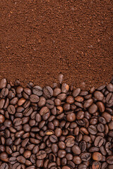 Vertical background of freshly roasted coffee beans and ground coffee.