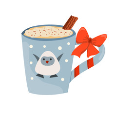Christmas mug of cocoa drink. Winter hot drinks. Christmas beverage. Cocoa mug with cream, cinnamon. Coffee mug. Hot chocolate. For restaurant, bar, menu. Vector illustration.