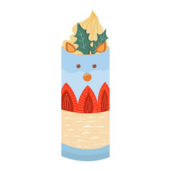 Christmas mug of coffee with cream. Winter hot drinks. Christmas beverage with strawberry. Coffee mug. Mug with deer. Hot chocolate. For restaurant, bar, menu. Vector illustration.