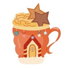 Christmas mug of drink with cream and cookies. Winter hot drinks. Christmas beverage. Coffee mug. Hot chocolate. For restaurant, bar, menu. Vector illustration.