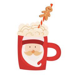 Christmas mug of drink with cream and gingerbread man, candy. Winter hot drinks. Christmas beverage. Coffee mug. Hot chocolate. For restaurant, bar, menu. Vector illustration.