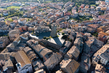 close-up aerial view of the town of marta on lake bolsena - obrazy, fototapety, plakaty