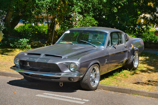 BADEN BADEN, GERMANY - JULY 2022: grey gray Shelby Mustang Ford sport coupe 1965, oldtimer meeting in Kurpark