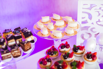 Delicious and tasty dessert table with cupcakes shots at reception closeup